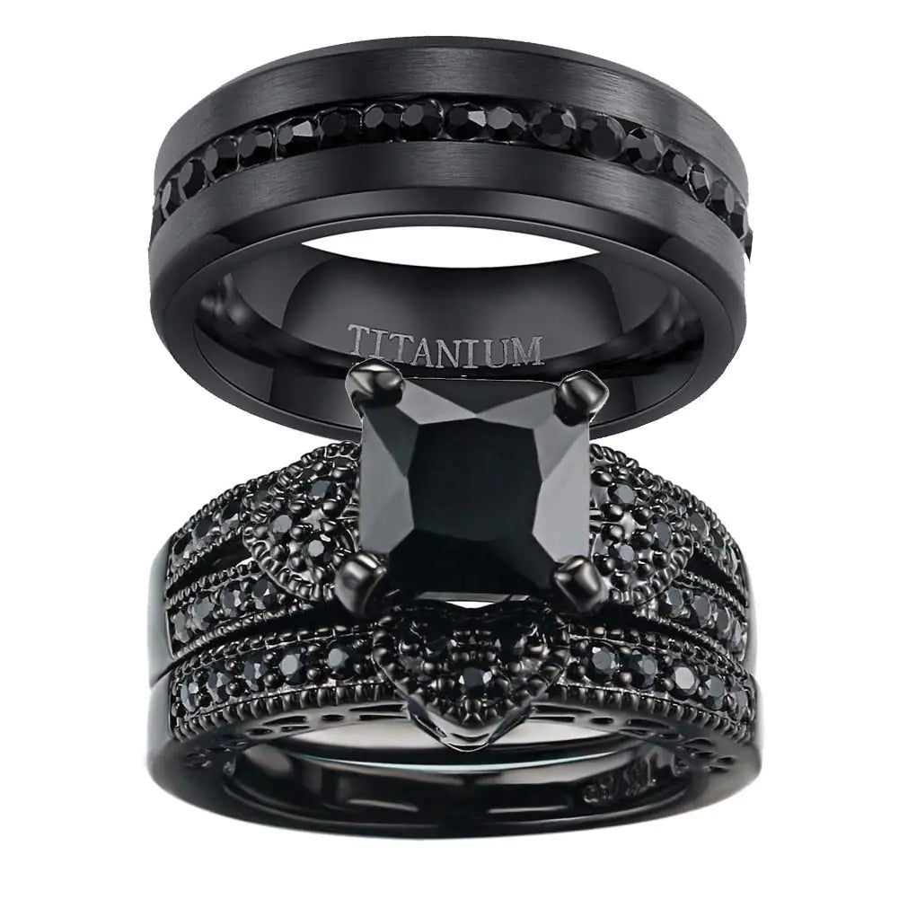 Black Royalty Couples Ring Set – Princess Cut Wedding & Titanium Band