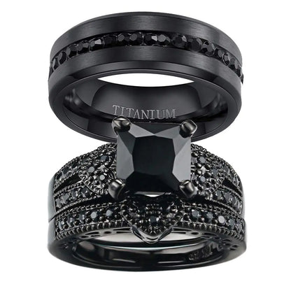 Black Royalty Couples Ring Set – Princess Cut Wedding & Titanium Band