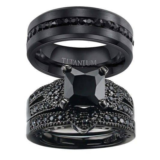 Black Royalty Couples Ring Set – Princess Cut Wedding & Titanium Band
